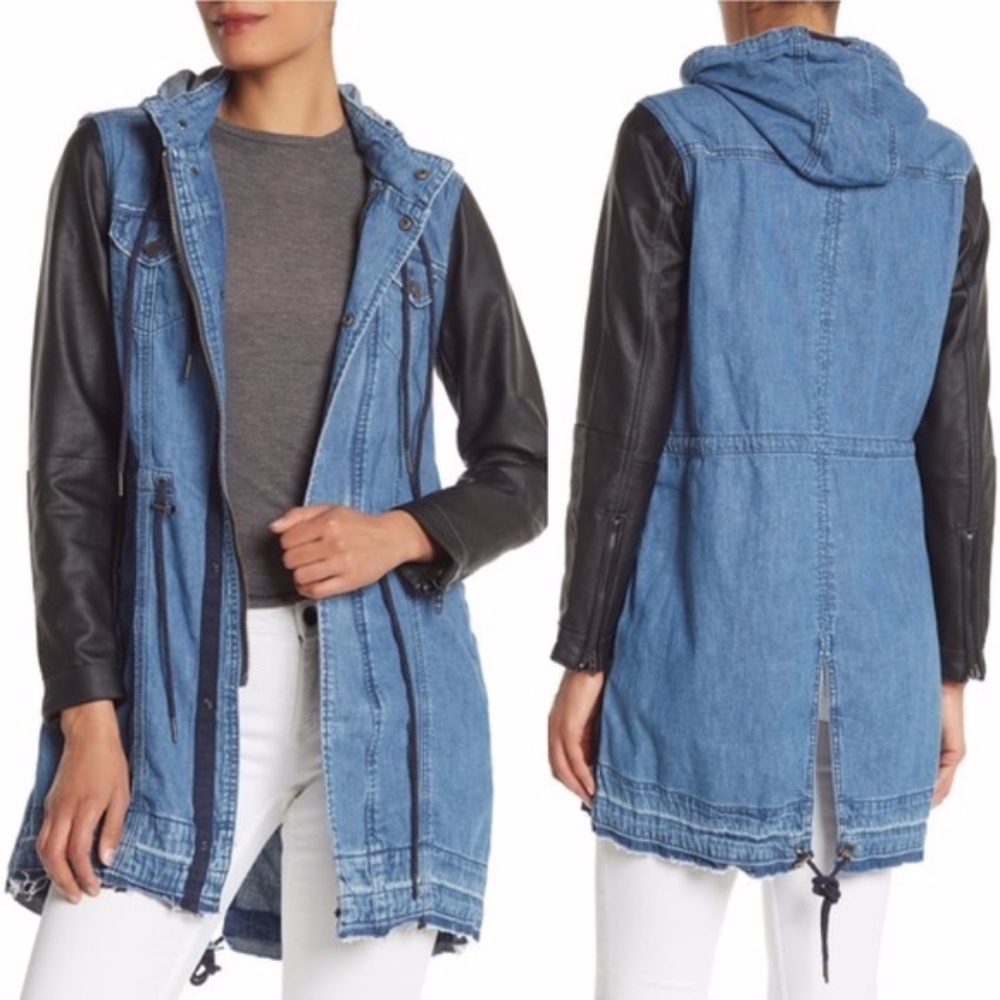 Denim & Faux Leather Long Jacket